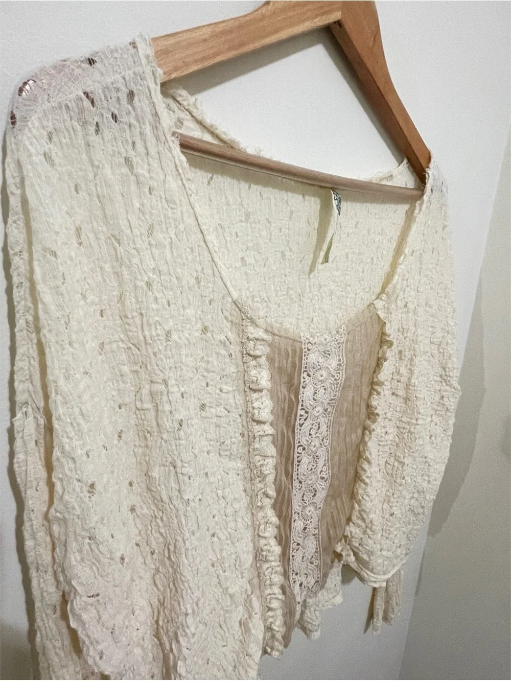 Free People Cream Crochet-Detail Layered Top, Size Large